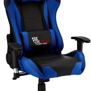 Kontorstol Raymond & Hallmark Overpass - gamerstol i blå PU-læder, justerbar, nakkestøtte & lændestøtte, armlæn, H127ÃB66ÃL65 cm